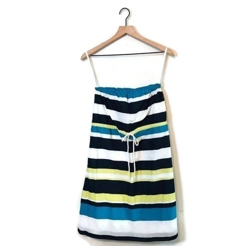 NWT GAP Linen Blur White Green Stripe Print Strapless Stress Women’s size Small